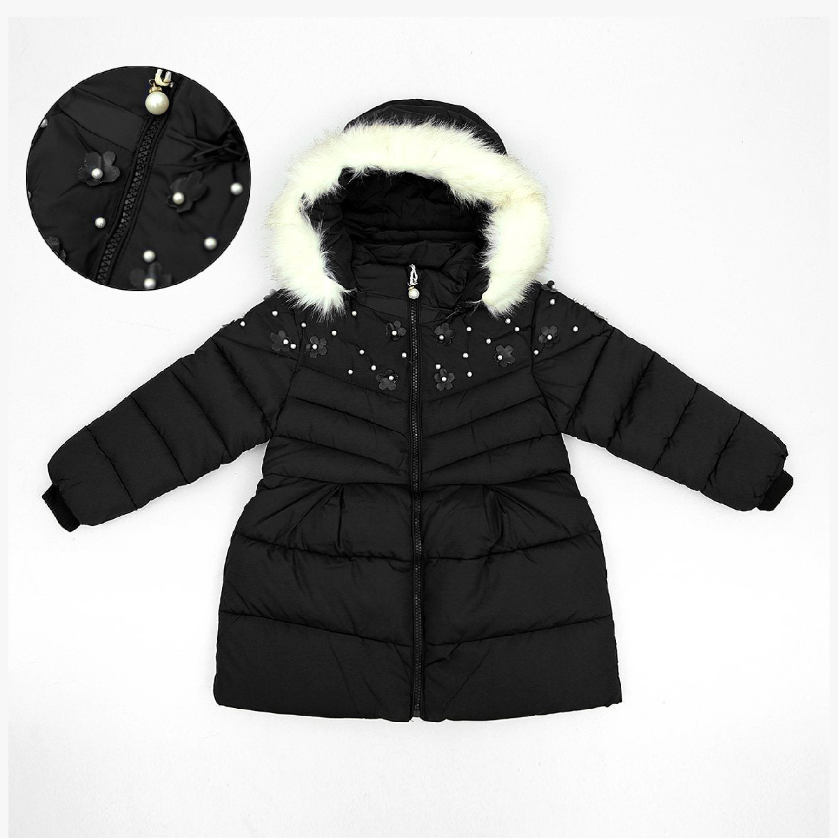 BLACK FANCY QUILTED PUFFER JACKET WITH HOODIE FOR GIRLS - Peekaboo