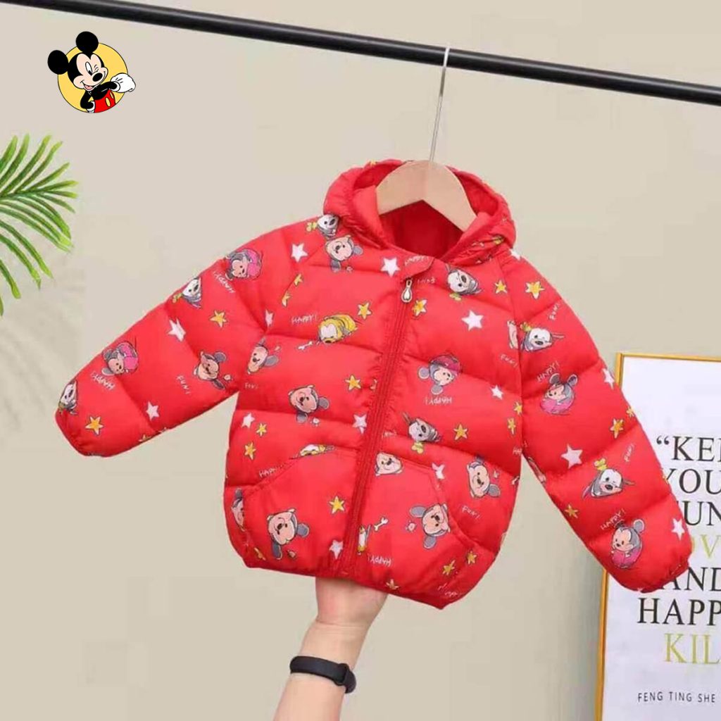 RED MICKEY CARTOON ULTRA LIGHT WEIGHT PUFFER JACKET WITH HOOD