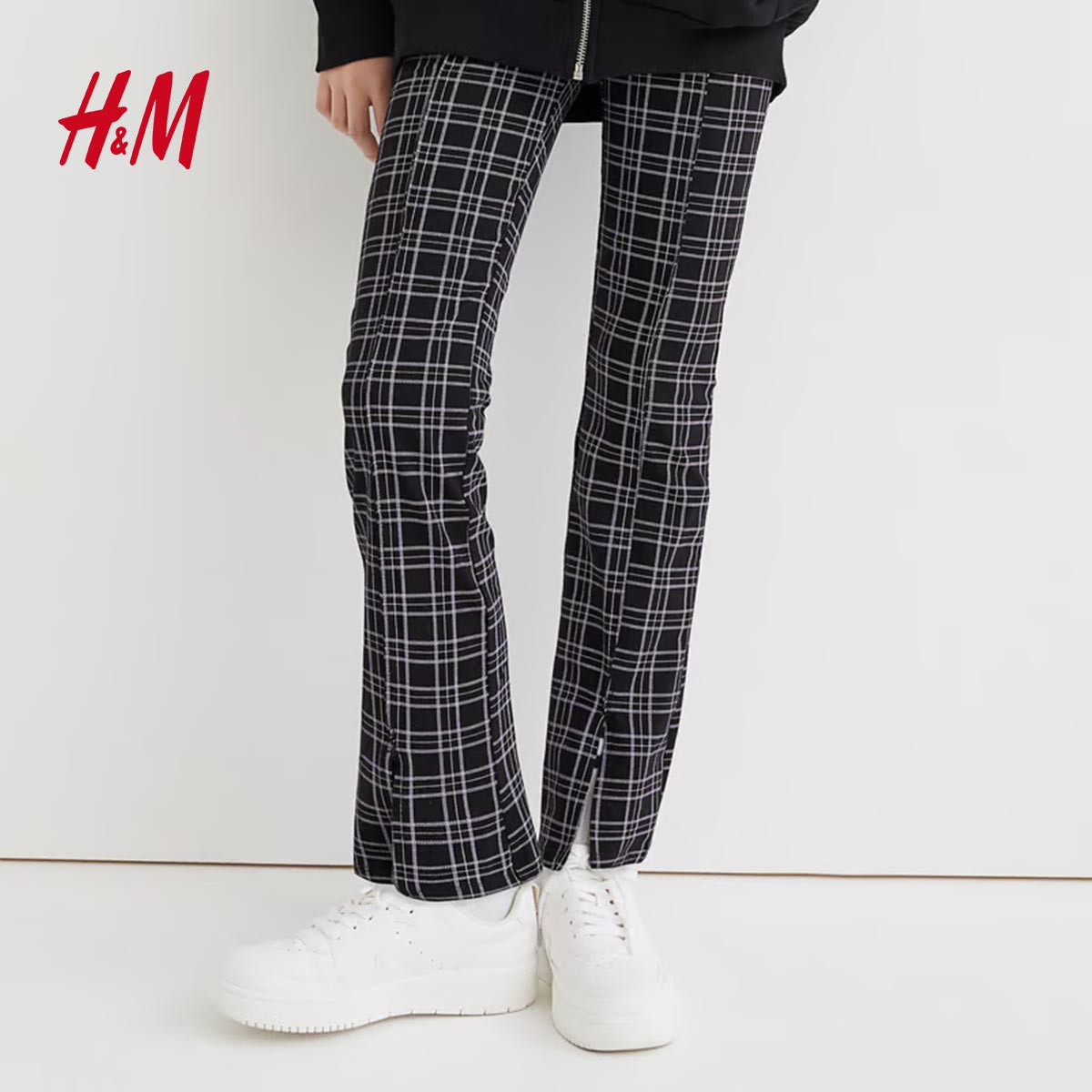 H M BLACK CHECKED FLARED LEGGINGS 1028675002 Peekaboo